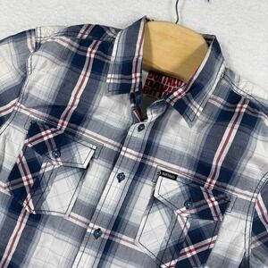 Buffalo David Bitton Shirt Mens Blue Plaid Short Sleeve Button Down Casual *flaw